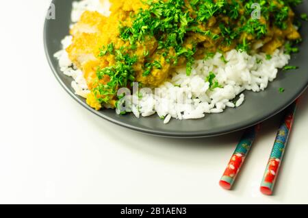 Poulet croustillant perché avec une sauce au curry de katsu aromatique et du riz moelleux parfumé, de la nourriture japonaise Banque D'Images