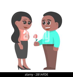 Heureux Couple Africain Américain. Un homme donne à une femme une fleur de rose rouge et déclare son amour. La fille est très déplacée. Illustration vectorielle plate dans le cartoo Illustration de Vecteur