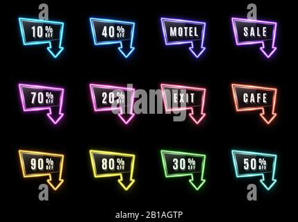 Le symbole de la flèche lumineuse au néon est défini sur un fond noir. Motel café sortie ampoules pointeur. Symbole de direction de vente. Panneau de réduction pour 10, 20, 30, 40 Illustration de Vecteur