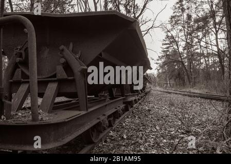 Vieux wagons rouillés dans une forêt, abandonnés, chemin de fer étroit, abandonnés, photo sombre, noir et blanc, charrettes de mine Banque D'Images