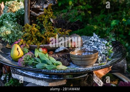 Gros plan avec une faible profondeur de champ d'offrandes naturelles sur une plaque en céramique dans la nature. Fruits, flore, herbes sauvages, pendant le festival de la terre Banque D'Images