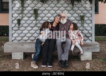 Portrait de grands-parents assis avec de jolis petits-enfants jumeaux à l'extérieur Banque D'Images