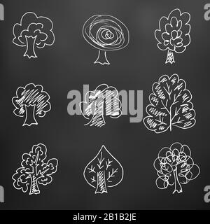 Arbres. Dessins pour enfants. Éléments pour la conception de cartes postales, fonds, emballages. Impression de vêtements. Dessiner de la craie sur une planche noire Illustration de Vecteur