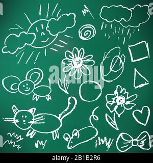 Dessins pour enfants. Éléments pour la conception de cartes postales, fonds, emballages. Impression de vêtements. Dessiner de la craie sur un tableau vert. Animaux, tre Illustration de Vecteur