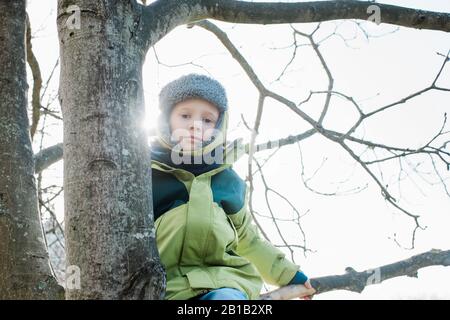 portrait d'un jeune garçon assis sur un arbre lors d'une belle journée en hiver Banque D'Images