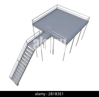 escalier industriel avec plate-forme isolée sur blanc. rendu tridimensionnel Banque D'Images