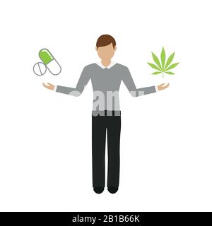 L'homme tient des comprimés dans une feuille de cannabis et dans l'autre main illustration vectorielle EPS10 Illustration de Vecteur