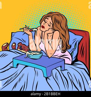 femme mangeant du porridge. Petit déjeuner au lit Illustration de Vecteur