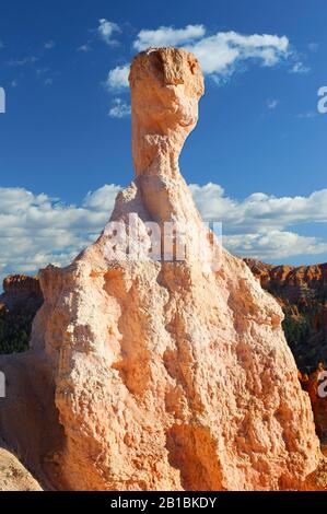 Un hoodoo (pilier en grès érodé) contre un ciel bleu profond dans le parc national de Bryce Canyon, Utah, États-Unis. Banque D'Images
