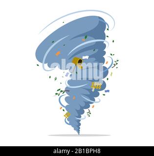 Tornade de torsion avec boîte aux lettres, corbeille, branches vecteur illustration plate isolée sur fond blanc. Catastrophe naturelle, ouragan ou tempête, cataclysme et catastrophe. Concept de paysage mauvais temps. Illustration de Vecteur