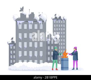 Une fille et un garçon congelés réchauffant les mains à côté du canon à ordures avec la ville enneigée en arrière-plan. Les gens en hiver, portant des vêtements épais et chauds, saison froide illustration vectorielle plate. Illustration de Vecteur