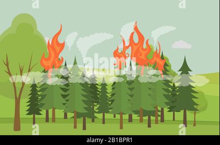 Feu dans une illustration plate vectorielle forestière isolée sur fond blanc. Catastrophe naturelle, flamme de forêt brûlante, cataclysme, catastrophe et crise. Concept de réchauffement climatique. Illustration de Vecteur