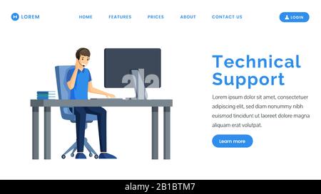 Modèle vectoriel de page d'accueil du support technique. Homme souriant assis devant l'ordinateur avec casque et microphone à caractère plat. Centre d'appels et bannière Web de service. Illustration de Vecteur