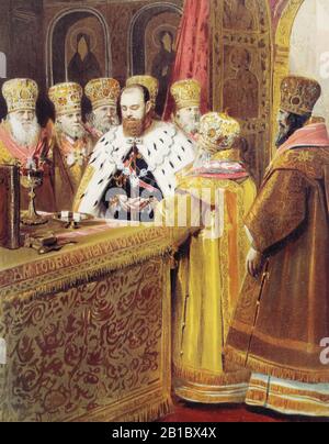 Communion des saints Mystères de l'empereur russe Alexandre III Alexandrovitch lors de la cérémonie du couronnement à la cathédrale de l'Assomption du Kremlin de Moscou. Peinture de I. Kramskoy, XIXe siècle Banque D'Images