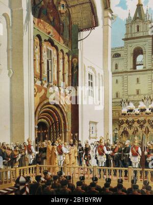 L'empereur russe Alexandre III Alexandrovitch et l'impératrice Maria Fedorovna à l'entrée de la cathédrale de l'Assomption du Kremlin de Moscou, se rendant au couronnement le 15 mai 1883. Peinture de V. Polenov, XIXe siècle. Banque D'Images