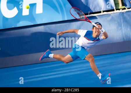 Delray BEACH, FL - 23 FÉVRIER: Yoshiito Nishioka (JPN) en action ici, perd à Reilly Opelka (USA) pendant les finales de la plage Delray 2020 ouvert par Vitacost.com à Delray Beach, Floride. 23 Février 2020. Crédit: Andrew Patron/Mediapunch Banque D'Images