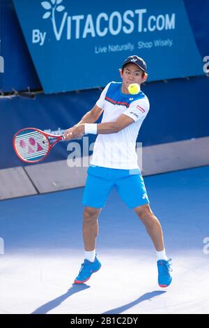 Delray BEACH, FL - 23 FÉVRIER: Yoshiito Nishioka (JPN) en action ici, perd à Reilly Opelka (USA) pendant les finales de la plage Delray 2020 ouvert par Vitacost.com à Delray Beach, Floride. 23 Février 2020. Crédit: Andrew Patron/Mediapunch Banque D'Images