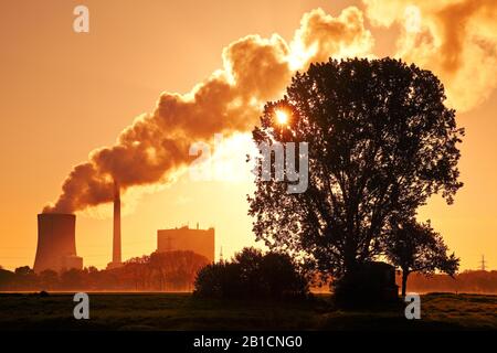 Centrale électrique au charbon Heyden au lever du soleil, Allemagne, Rhénanie-du-Nord-Westphalie, Petershagen Banque D'Images
