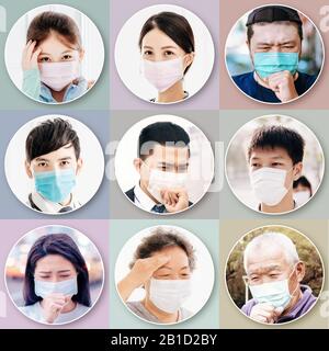 la collecte de différentes personnes souffrent de la toux et portent un masque de protection Banque D'Images
