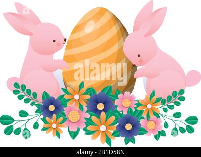 Joyeuses lapins de pâques avec fleurs d'œufs et feuilles vectorielles design Illustration de Vecteur