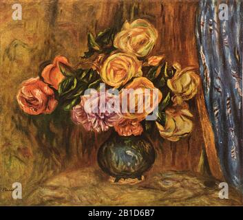 Roses devant un rideau bleu (1908) - Peinture du début du XXe siècle par Pierre-Auguste Renoir - image De très haute résolution et de qualité Banque D'Images