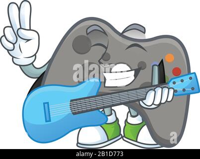 Un personnage de dessin animé d'un joystick noir jouant une guitare Illustration de Vecteur