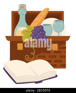 Panier avec nourriture pour pique-nique, pain et vin Illustration de Vecteur