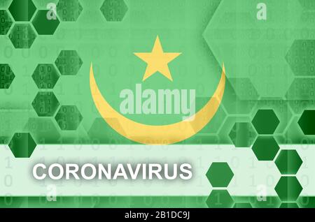 Drapeau mauritanien et composition abstraite numérique futuriste avec inscription de Coronavirus. Concept d'éclosion de virus Covid-19 Banque D'Images