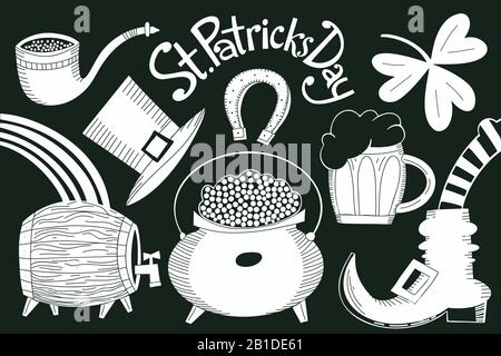 Jeu d'illustrations vectorielles irlandais. Chapeau, trèfle, mug à bière, baril, illustration de la pièce de monnaie dorée pour la Saint-Patrick. Illustration de Vecteur