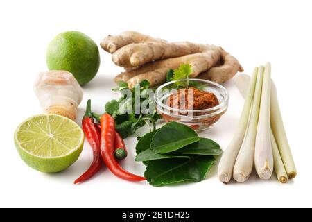 Ensemble d'ingrédients de base de la soupe Tom Yum - pâte Tom Yum, herbe de citron, piments, racine de galanga, gingembre et feuilles de citron vert kaffir. Isolé sur bac blanc Banque D'Images