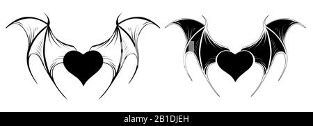 Deux petits coeurs noirs, vampire, avec ailes de contour de chauve-souris sur fond blanc. Style tatouage. Illustration de Vecteur