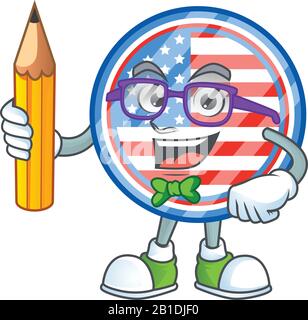 Une icône mascotte de badges de cercle étudiant USA personnage tenant crayon Illustration de Vecteur