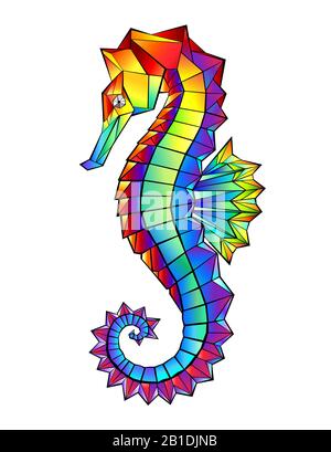 Dessin artistiquement, lumineux, arc-en-ciel, hippocampe polygonal sur fond blanc. Tatouage brillant. Illustration de Vecteur