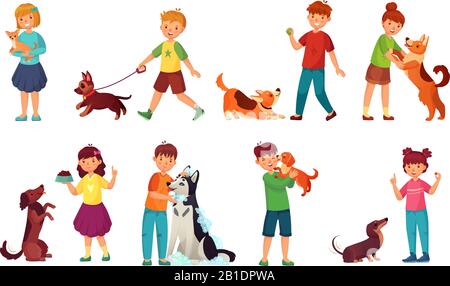 Enfants jouant avec des chiens. Chien d'alimentation pour enfants, soin des animaux de compagnie et marche pour les enfants avec mignon chiot dessin vectoriel de dessin animé ensemble Illustration de Vecteur