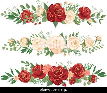 Frontières panoramiques de fleurs. Rose bud, bordure de fleur et roses en-tête panorama bannière florale illustration vectorielle Illustration de Vecteur