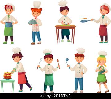 Des enfants de dessin animé cuisent. Petit cuisinier en chef, cuisine pour enfants et jeunes chefs de cuisine illustration vectorielle Illustration de Vecteur