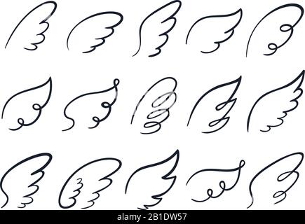 Esquissez des ailes. Aile dessinée à la main, plumes d'ange ailées et ailes propagent des icônes d'illustration vectorielle de dessin animé définies Illustration de Vecteur