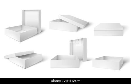 Boîte de conditionnement ouverte et fermée. Boîtes en carton blanc, emballage cadeau ou produit et kit de vecteur isolé en 3 dimensions Illustration de Vecteur