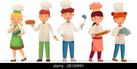 Jeunes chefs. Les enfants heureux cuisiniers, la cuisine des enfants et la cuisson dans l'illustration vectorielle de costume de chef Illustration de Vecteur