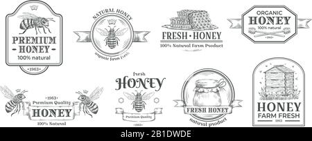 Badge de ferme au miel. Logo apicole, badges rétro et illustration vectorielle dessinée à la main d'époque mead Illustration de Vecteur