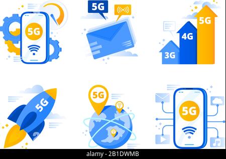 Réseau 5 g. Jeux d'illustrations vectorielles pour les télécommunications de cinquième génération, la vitesse de connexion Internet rapide et les réseaux à faible latence Illustration de Vecteur