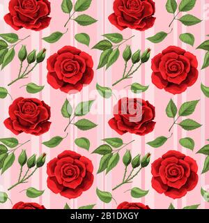 Le bouquet de fleurs de roses rouges se répand avec des feuilles de papier peint sans couture Illustration de Vecteur