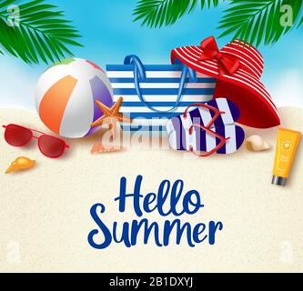 Bonjour été dans sable arrière-plan vecteur bannière. Bonjour été salutation typographie dans l'espace blanc pour le texte avec des éléments de plage comme chapeau, balle de plage. Illustration de Vecteur