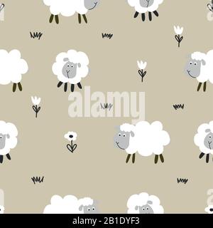 Petit agneau / mouton pattern - funny hand drawn doodle, modèle homogène. Affiche ou Lettrage textile t-shirt design graphique. / Papier peint, pap d'enrubannage Illustration de Vecteur