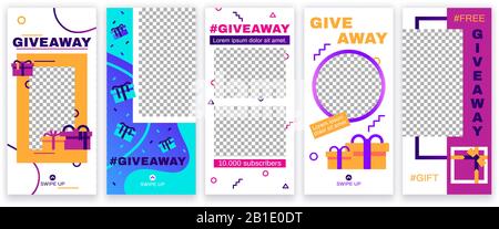 Articles giveaway post. Offrez des cadeaux, des supports sociaux et un scénario vectoriel de cadre photo cadeau Illustration de Vecteur
