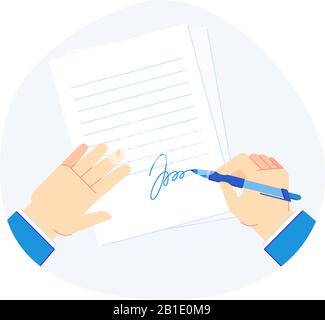 Document de signature. Stylo dans la main d'homme d'affaires, dossier de presse-papiers avec documents d'affaires et illustration vectorielle papier signée Illustration de Vecteur