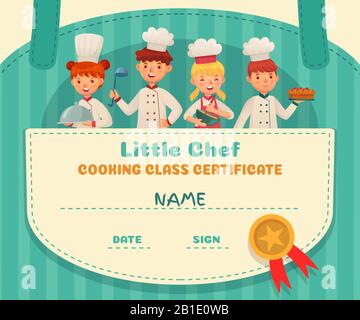 Petit certificat de chef. Diplôme de chefs de cours de cuisine, cours de cuisine de l'école et enfants cuisent cadre dessin animé illustration vectorielle Illustration de Vecteur