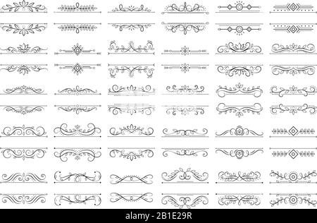 Séparateurs calligraphiques vintage. Séparateur à spirales orné, cadres à boucles ornementales et ensemble vectoriel à cadre décoratif Illustration de Vecteur