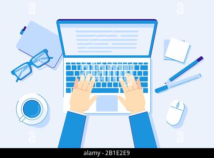 Ordinateur portable. Travail sur ordinateur, travail d'entreprise en tapant sur le clavier de l'ordinateur portable et travail de bureau illustration vectorielle Illustration de Vecteur