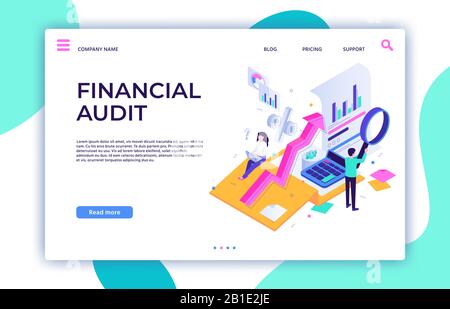 Page d'accueil de l'audit financier. Illustration vectorielle isométrique de la gestion fiscale, du service de consultant commercial et de la comptabilité financière Illustration de Vecteur